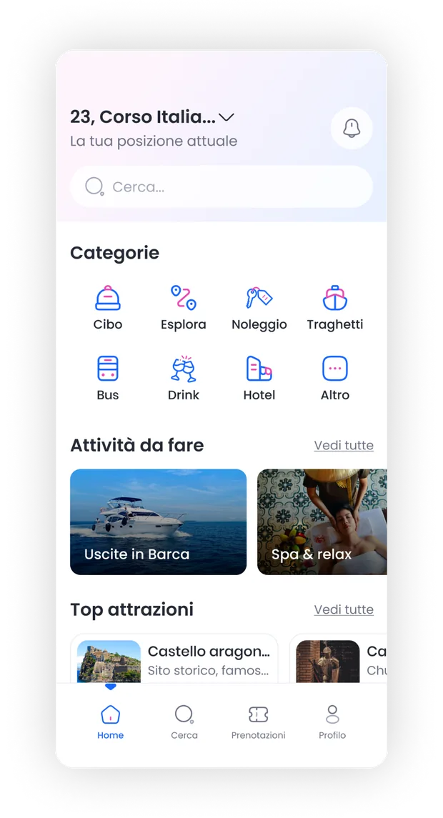 La schermata iniziale dell'app InfoIschia con categorie, attività da fare e attrazioni